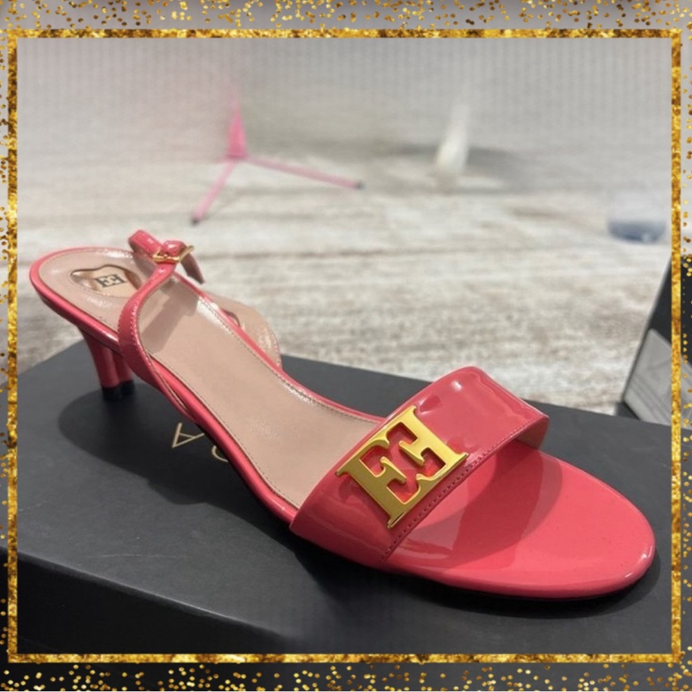 Escada Pink Patent Double EE Logo Heel Sandal